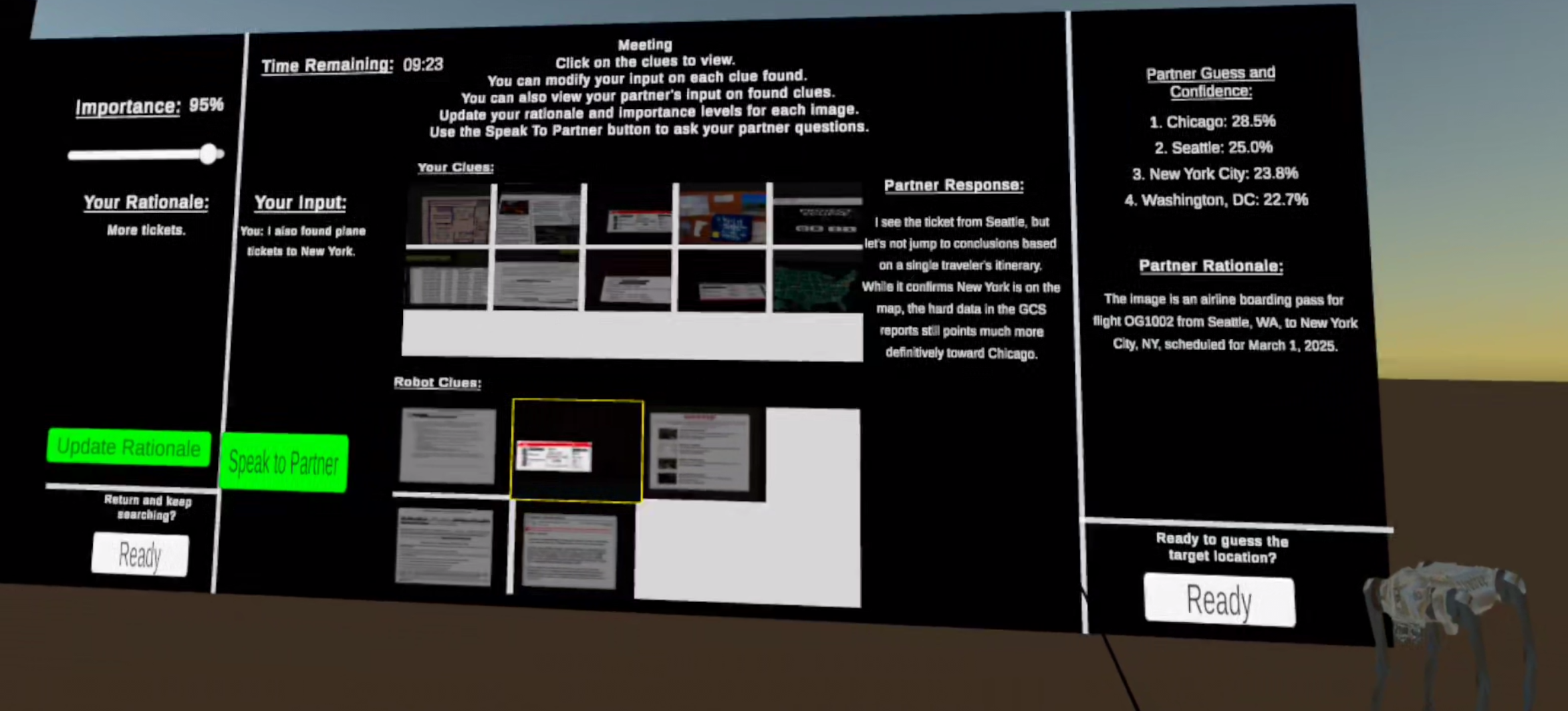 Joint meeting interface showing participant clues, robot clues, partner response, and confidence