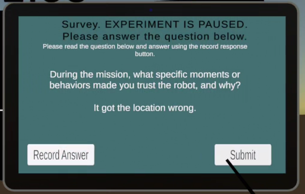Qualitative survey prompt in the VR study workflow