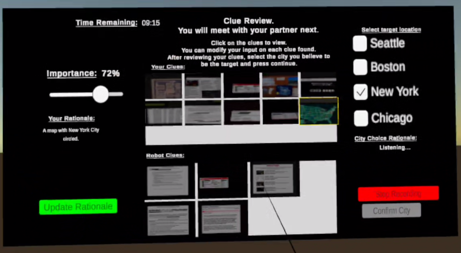 Solo evidence review interface in the VR simulation