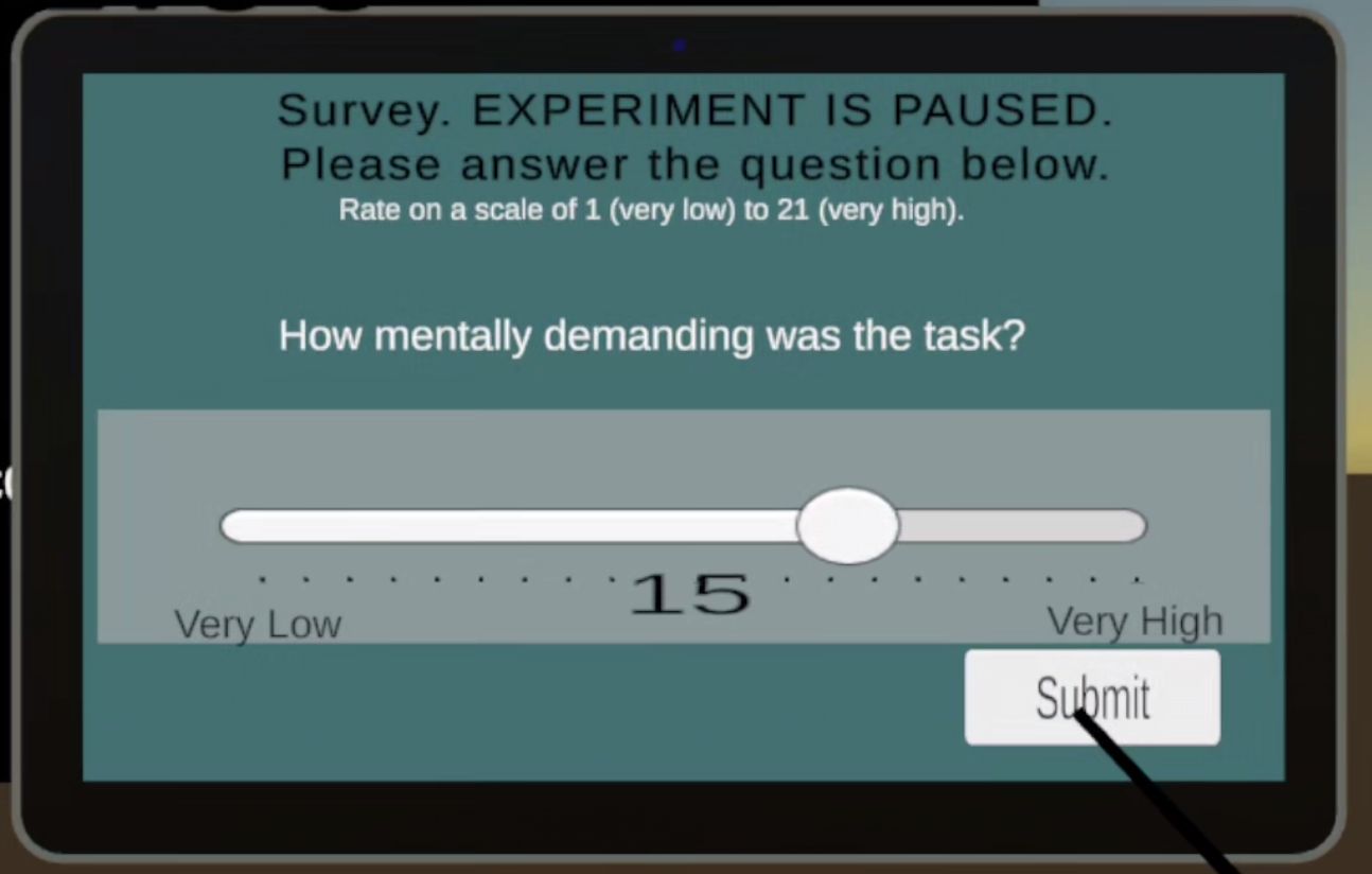 NASA TLX-style workload survey screen