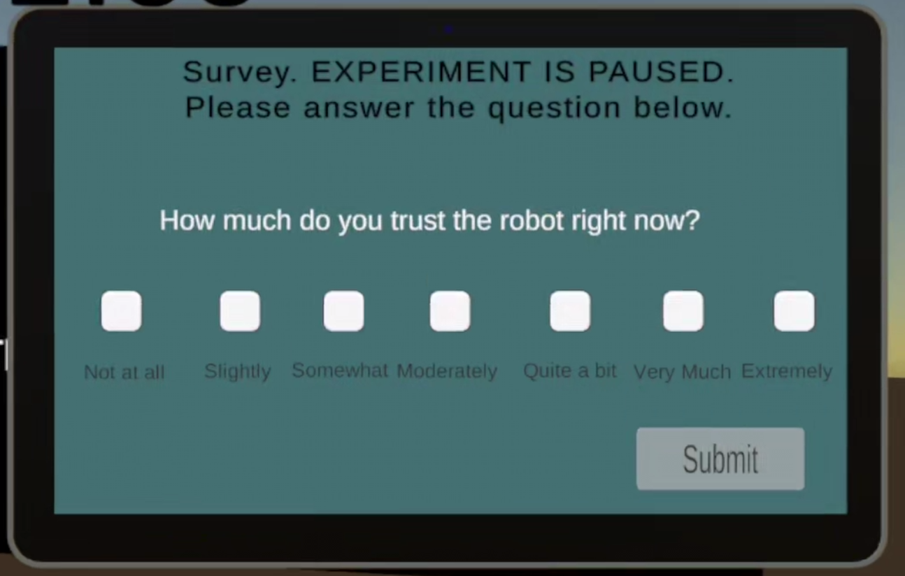 Trust survey screen in the VR study workflow